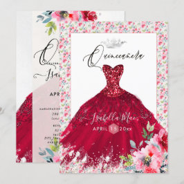 Convite Vestido de Quinceanera Vermelho com Brilho e Flore