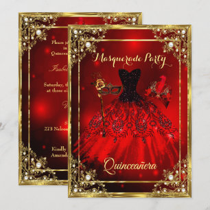 Convite Vestido de Quinceanera Vermelho Dourado Festa de M