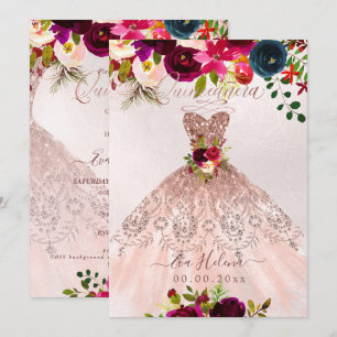 Convite Vestido de Quinze Anos, Boho Floral Brilho Rosa Do