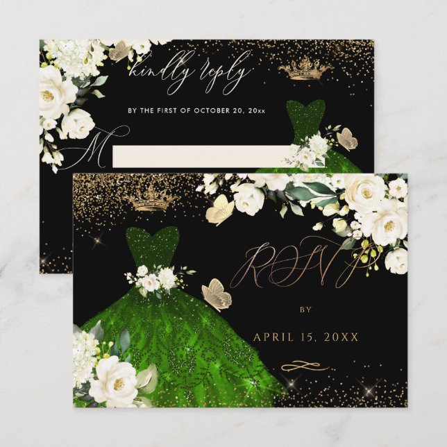 Convite Vestido de Quinze Anos com Brilho Esmeralda (Frente/Verso)