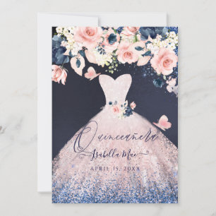 Convite Vestido de Quinze Anos Floral Rosa Brilho Azul Mar