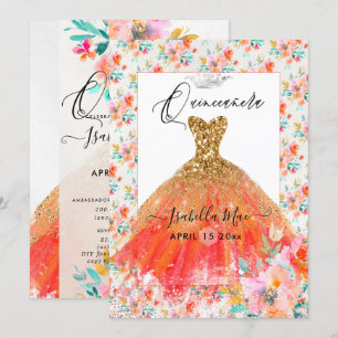 Convite Vestido de Quinze Anos Laranja com Brilho e Flores