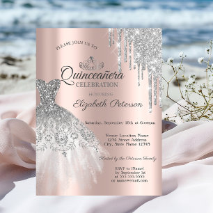 Convite Vestido de relva de prata,Cola Rosa Dourada Quince