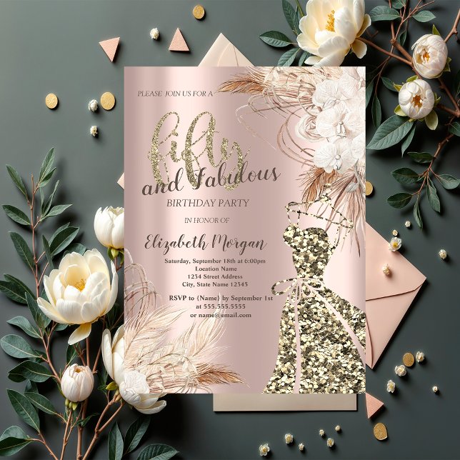 Convite Vestido de relva, Rosa Dourado Flor Boho 50º anive (Criador carregado)