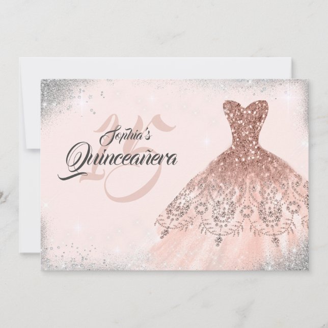 Convite Vestido de renda com brilho de prata e dourado ros (Frente)
