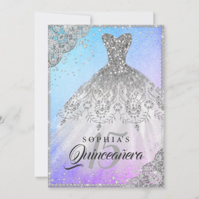 Convite Vestido de renda de diamante azul roxo com brilho  (Frente)