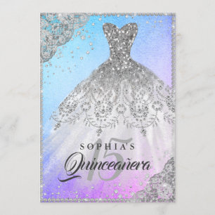 Convite Vestido de renda de diamante azul roxo com brilho 