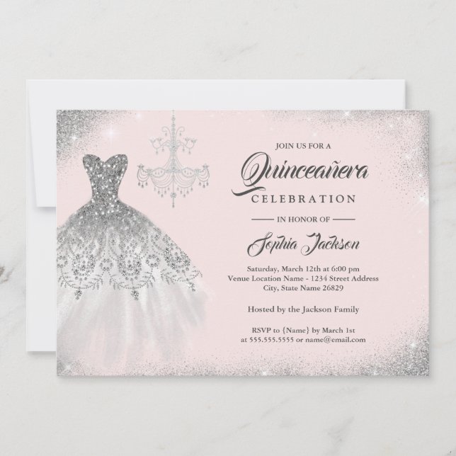 Convite Vestido de renda de diamante de prata dourada rosa (Frente)