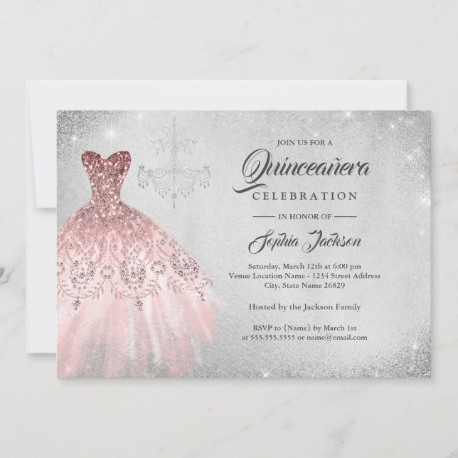 Convite Vestido de renda de diamante em rosa dourado prata (Frente)