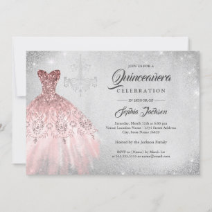 Convite Vestido de renda de diamante em rosa dourado prata