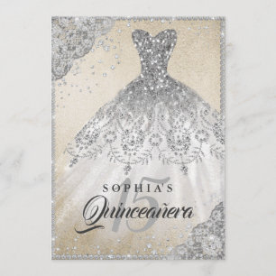 Convite Vestido de renda de ouro prata diamante brilho Qui