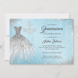 Convite Vestido de renda diamante prata azul Quinceanera