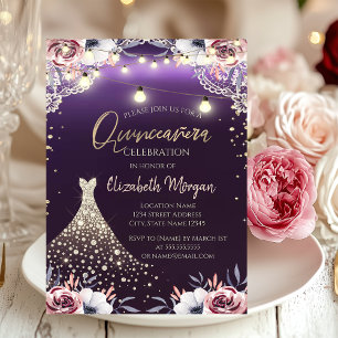 Convite Vestido de renda e diamantes Floral Quinceañera Ro