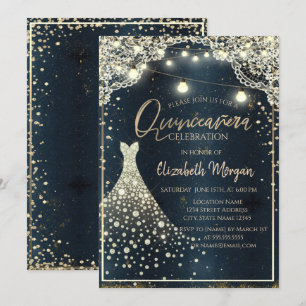Convite Vestido de Renda Rústica, Luzes, Diamantes Azul Qu