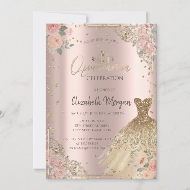 Convite Vestido de Rosas Diamantes Boho Rosa Dourado (Frente)