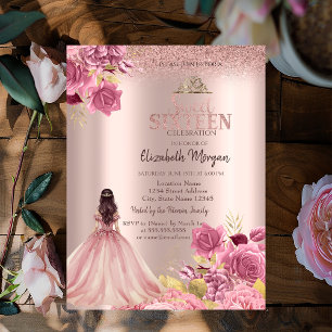 Convite Vestido de Rosas Rosadas Brilho em Rosa Dourado S