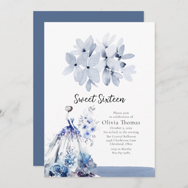Convite Vestido De Salão Azul Eloquente 16 Doce (Frente/Verso)