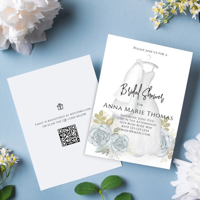 Convite Vestido de Script Elegante de Caligrafia do chá de (Elegant Bridal Shower invitation with beautiful blue floral roses and wedding gown)