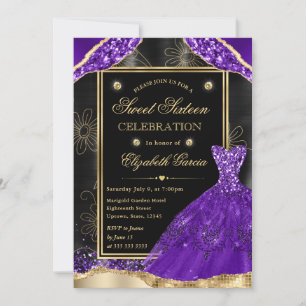 Convite Vestido de Sweet Sixteen com Lantejoulas Douradas 