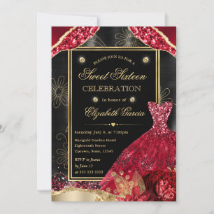 Convite Vestido de Sweet Sixteen com Lantejoulas Douradas 