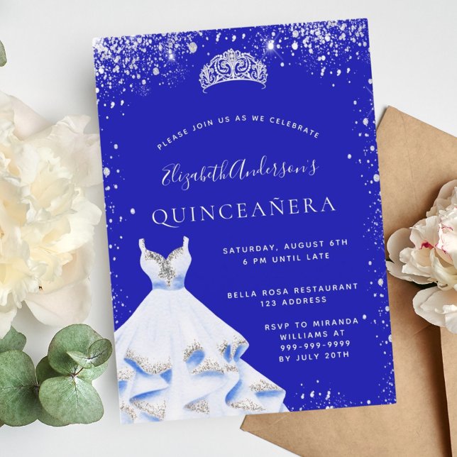 Convite Vestido de tiara azul-prateado real Quinceanera (Criador carregado)