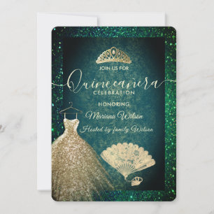 Convite Vestido de tiara Dourado verde Quinceañera