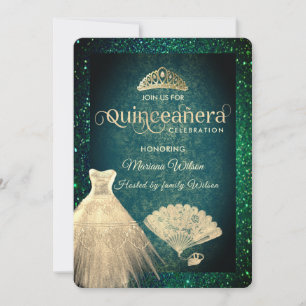Convite Vestido de tiara Dourado verde Quinceañera