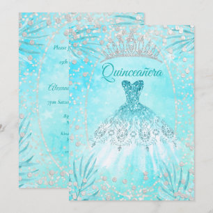 Convite Vestido de Tiarra Azul Teal para Quinceanera Inver