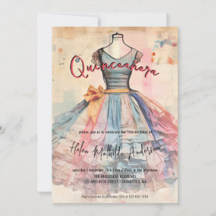 Convite Vestido de Tule Vintage Rosa Dourado Quinceanera