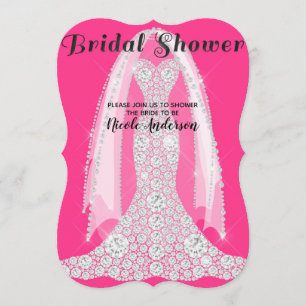 Convite Vestido Diamante Rosa Quente Preto Glam Chá de Noi