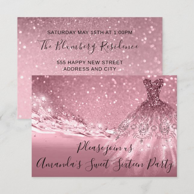 Convite Vestido do Oceano Glitter, Rosa-Rosa, de 16ª Festa (Frente/Verso)