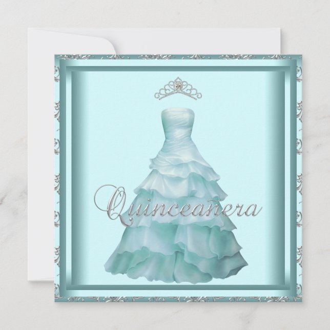 Convite Vestido do Partido Tiara Teal Damask Quinceanera (Frente)