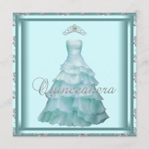 Convite Vestido do Partido Tiara Teal Damask Quinceanera