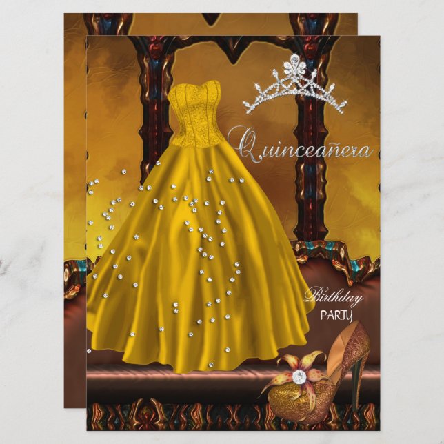 Convite Vestido Dourado 15 de Quinceanera (Frente/Verso)