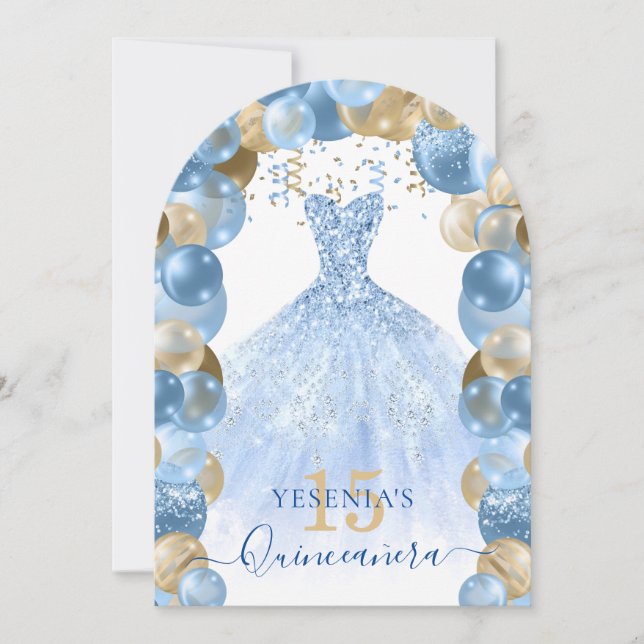 Convite Vestido Dourado azul Quinceañera Balão (Frente)