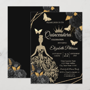 Convite Vestido Dourado, Borboletas Rosas Pretas Quinceañe