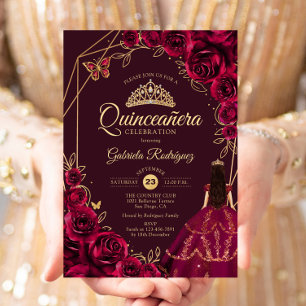 Convite Vestido Dourado Borgonha para Quinceanera Floral