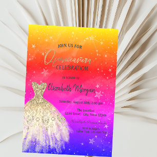 Convite Vestido Dourado Chic Estrelas Galáxia Colorido Qui