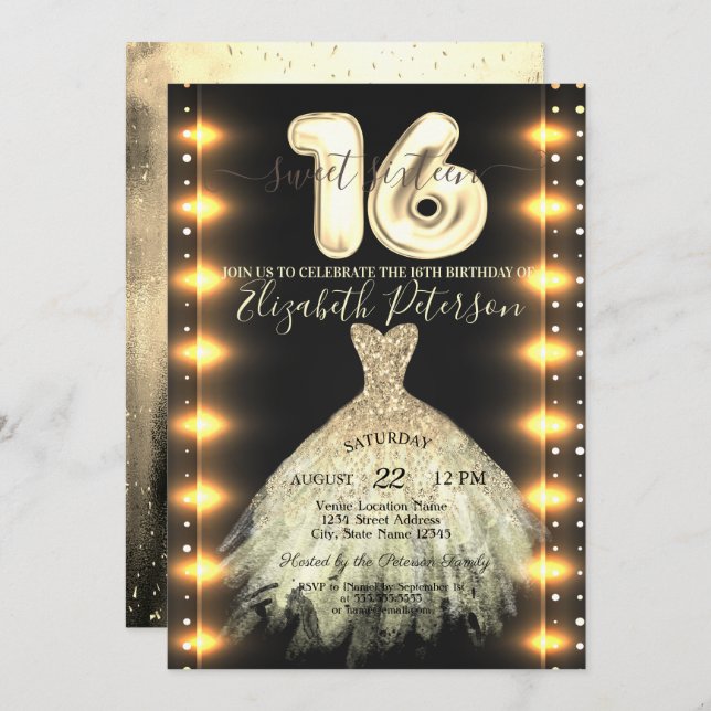 Convite Vestido Dourado Chic Luzes Confetti Doce 16 (Frente/Verso)