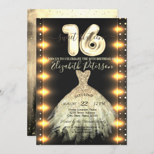 Convite Vestido Dourado Chic Luzes Confetti Doce 16