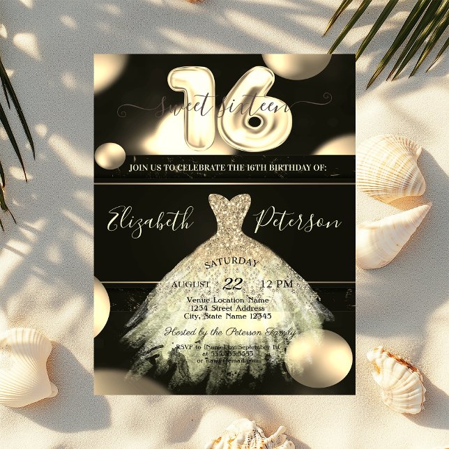 Convite Vestido Dourado Chic Pontos Confetti Doce 16 (Criador carregado)