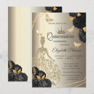 Convite Vestido Dourado Chic, Rosas Pretas Borboleta Quinc