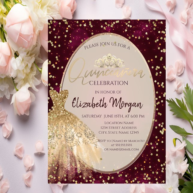 Convite Vestido Dourado Chic Tiara, Quinceañera Vermelha (Criador carregado)