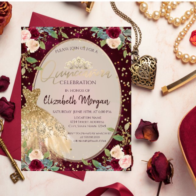 Convite Vestido Dourado Chic Tiara, Rosas Burgundy Quincea (Criador carregado)