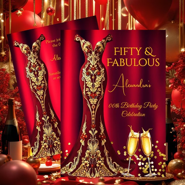 Convite Vestido Dourado com Pedras Vermelhas Fabulosas par (Criador carregado)