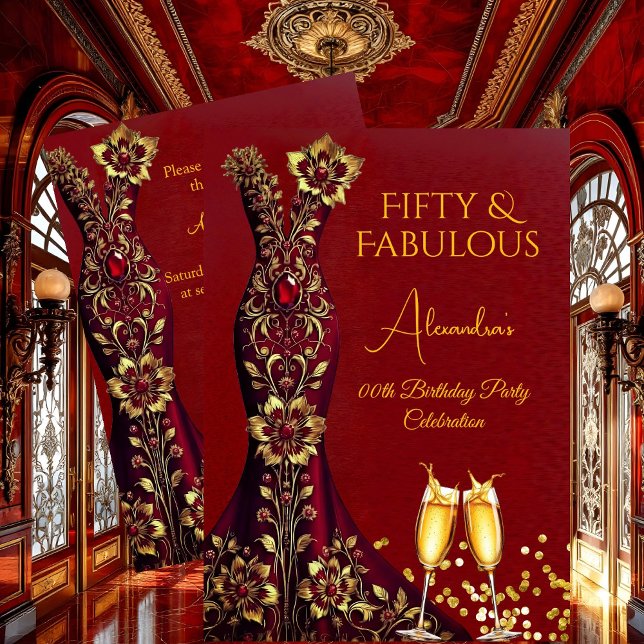 Convite Vestido Dourado com Pedras Vermelhas Fabulosas par (Criador carregado)