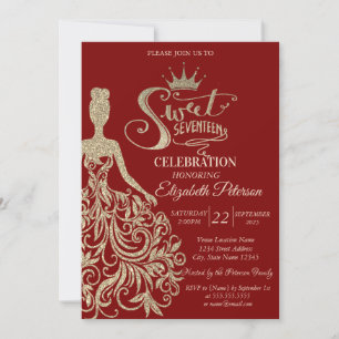 Convite Vestido Dourado de Glitter, Tiara Red Sweet 17