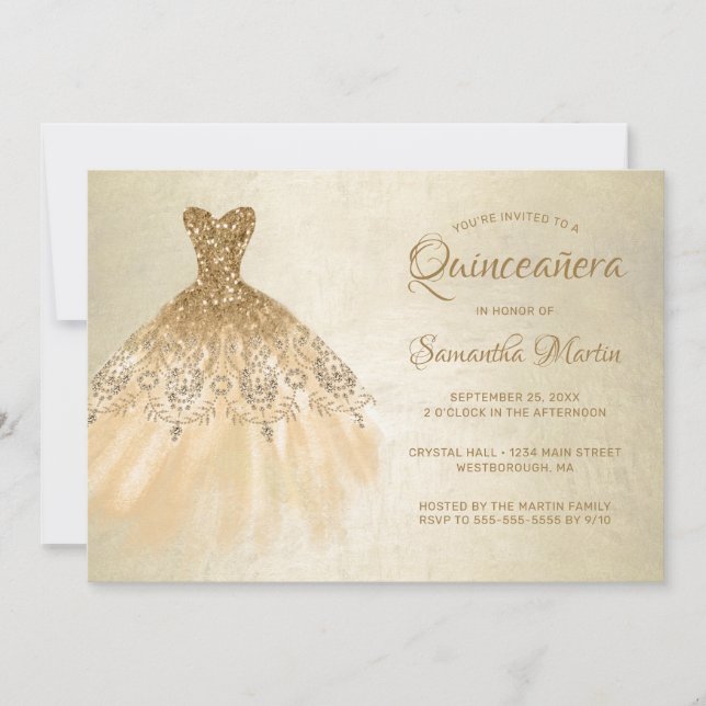 Convite Vestido Dourado de Quinto-Câmera no Partido Dourad (Frente)