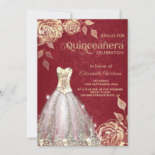 Convite Vestido Dourado de rosas vermelho Quinceañera