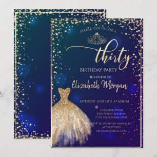 Convite Vestido Dourado,Diamantes Azul Aniversário de 30 a